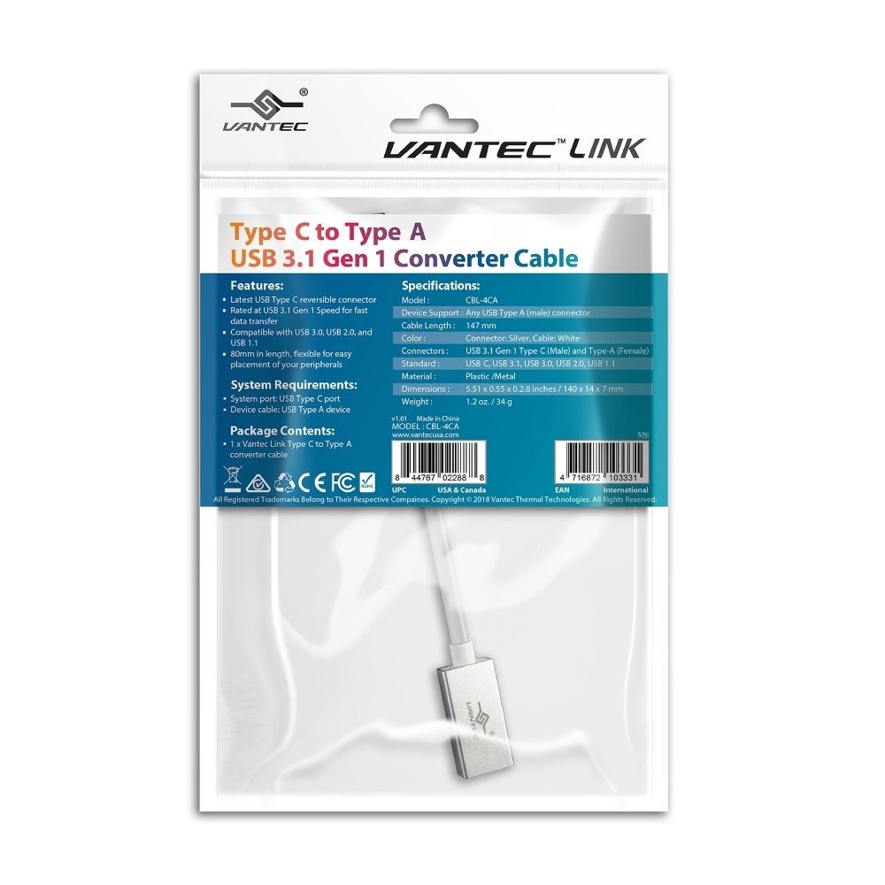 VANTEC CBL-4CA USB TYPE C MALE TO USB TYPE A FEMALE ADAPTOR DONGLE