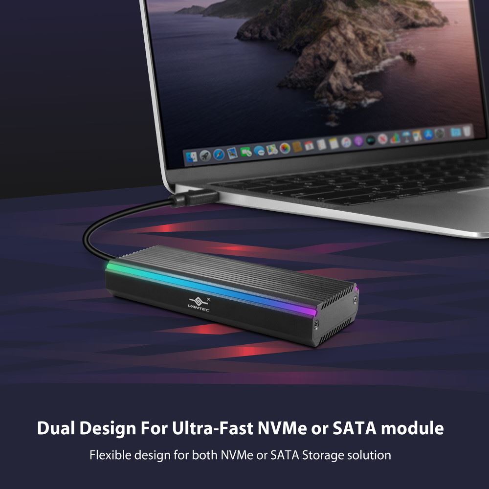 Vantec M.2 NVME & M.2 SATA SSD to USB 3.1 Gen 2 Type C with RGB LED