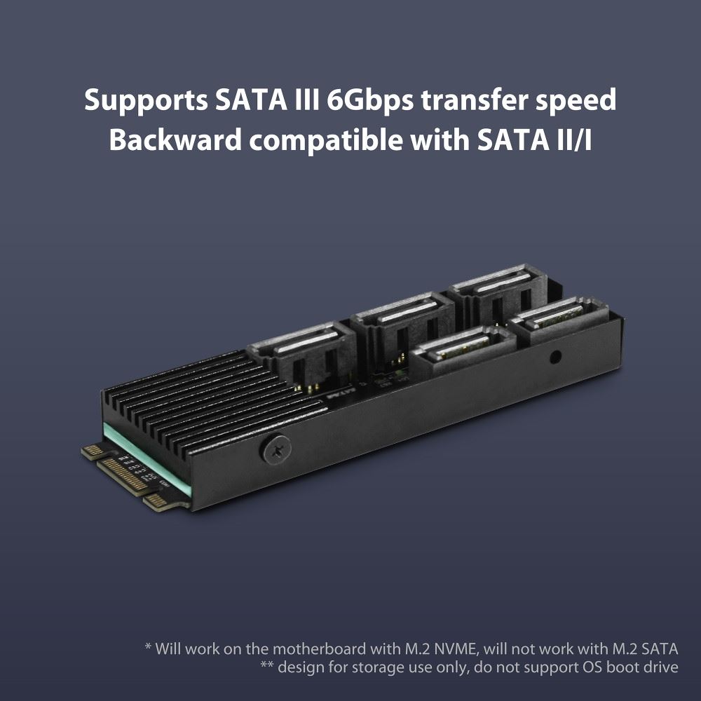 Vantec M.2 PCIe Gen3x2 B+M Key to 5 ports SATA III Expansion Card