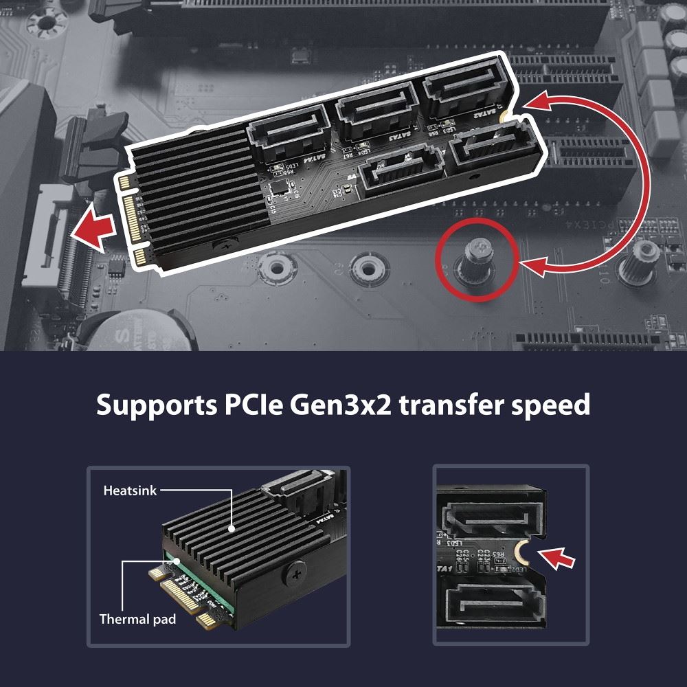 Vantec M.2 PCIe Gen3x2 B+M Key to 5 ports SATA III Expansion Card