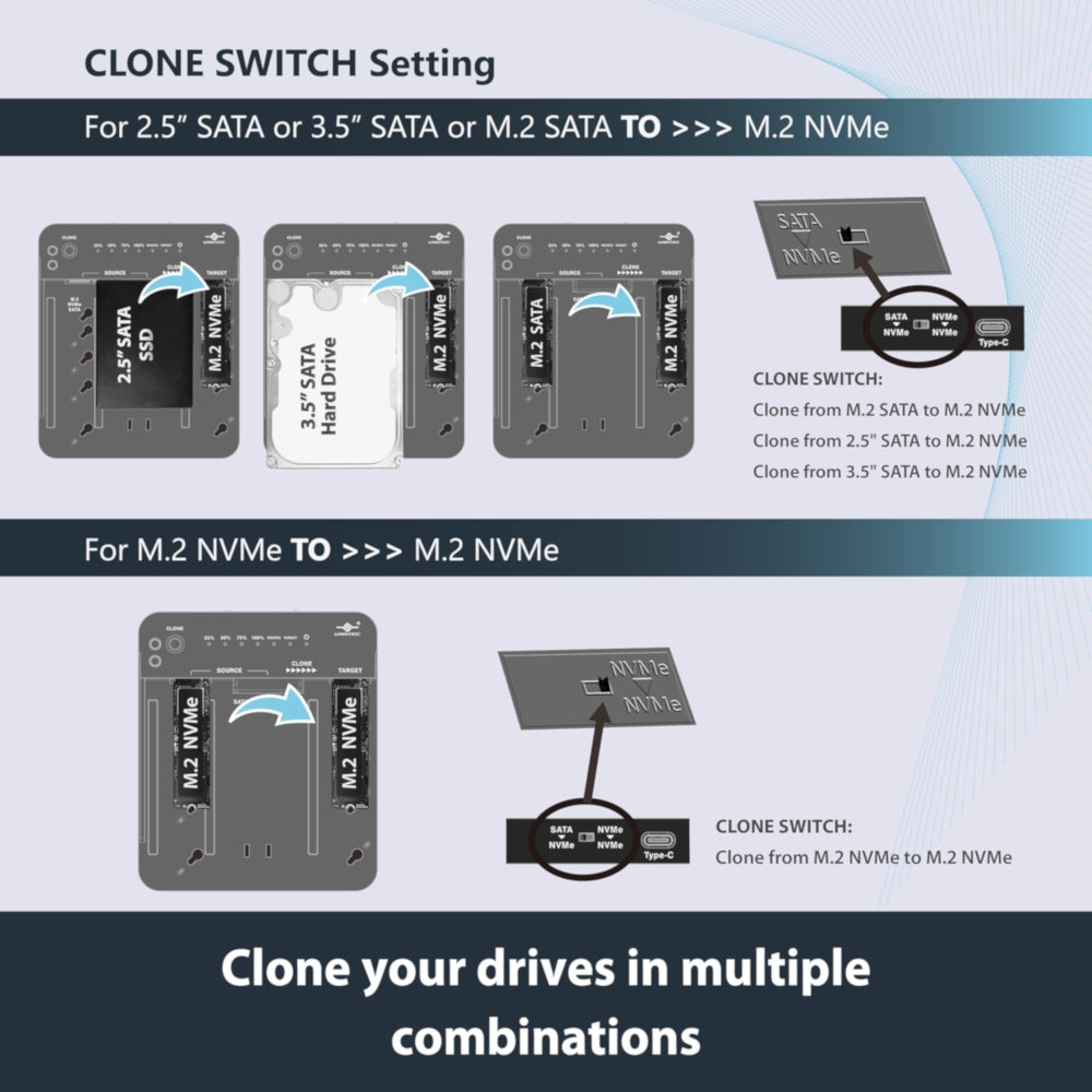 Multi-Function M.2/SATA Storage Adapter with Clone Function; USB 3.2 Gen2x1; Type C