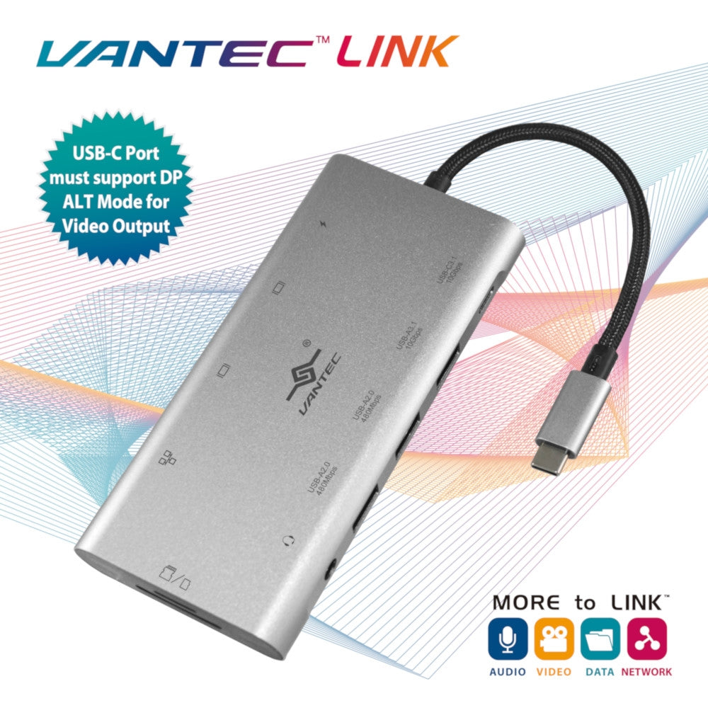 Vantec USB C Adaptor/1xHDMI/VGA/RJ45/SD Card/Micro SD/USB-C/USB-A/Audio Jack(3.5mm)/USB-C 100W/ 2xUSB-A