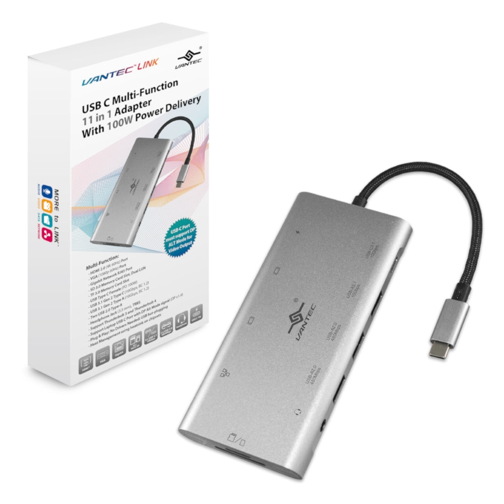 Vantec USB C Adaptor/1xHDMI/VGA/RJ45/SD Card/Micro SD/USB-C/USB-A/Audio Jack(3.5mm)/USB-C 100W/ 2xUSB-A