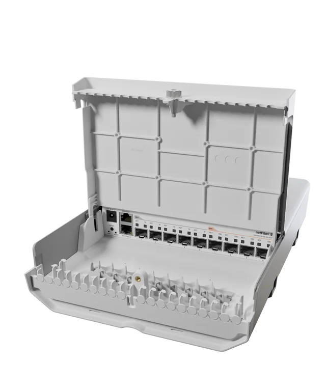 MikroTik netFiber 9, 4x 10G SFP+ Ports, 5x 1G SFP Ports, 1x Gb Ethernet Port (PoE-IN), Outdoor Enclosure, Mounting Kit, PSU, PoE Injector