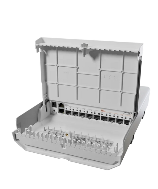 MikroTik netFiber 9, 4x 10G SFP+ Ports, 5x 1G SFP Ports, 1x Gb Ethernet Port (PoE-IN), Outdoor Enclosure, Mounting Kit, PSU, PoE Injector