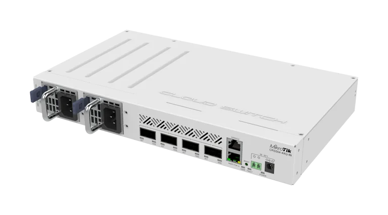 MikroTik Cloud Router Switch CRS504-4XQ-IN, 16x 25G Ports, 4x 100G QSFP28 Ports, 1x 100Mb Ethernet Port for Management, RouterOS L5, Desktop Case, Rackmount Ears, Dual Hot-Swap PSU