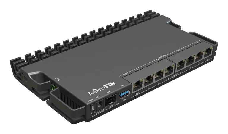 MikroTik RouterBOARD RB5009UPr+S+, 1x 2.5Gb LAN (802.3af/at PoE-out and PoE-in), 7x 1Gb LAN (802.3af/at PoE-out and PoE-in), 1x SFP+ port, RouterOS L5, metal desktop case, PSU