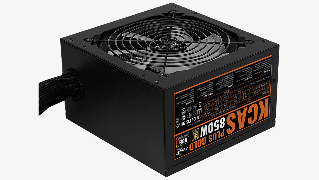 Aerocool KCAS PLUS Gold 850W RGB PSU - ATX 24 PIN; 2x 4+4PIN CPU; 8x SATA; 4x PATA; 3x PCIe 6+2PIN.
