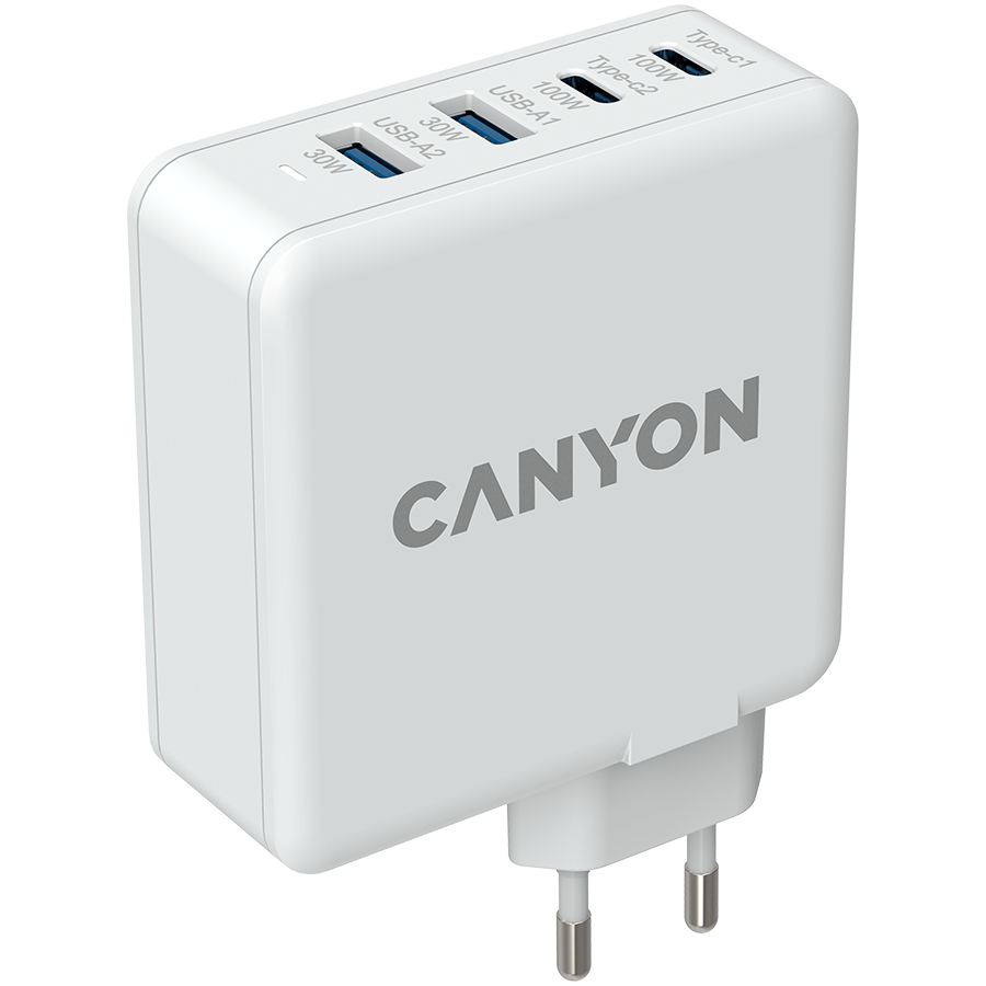 CANYON H-100, GAN 100W charger Input:100V-240V Output: USB-C1/C2: 5V 3A, 9V 3A, 12V 3A, 15V 3A, 20V 5A USB-A 1/A2, 4.5V/5A, 5V/4.5A, 9V/3A, 12V/2.5A, 20V/1.5A C1+C2, 65W + 30W, C1+A1, 65W + 30W, C1+A2, 65W + 30W, C1+A1+A2, 65W
