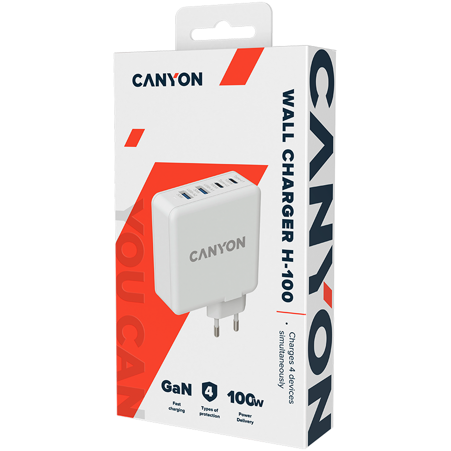 CANYON H-100, GAN 100W charger Input:100V-240V Output: USB-C1/C2: 5V 3A, 9V 3A, 12V 3A, 15V 3A, 20V 5A USB-A 1/A2, 4.5V/5A, 5V/4.5A, 9V/3A, 12V/2.5A, 20V/1.5A C1+C2, 65W + 30W, C1+A1, 65W + 30W, C1+A2, 65W + 30W, C1+A1+A2, 65W
