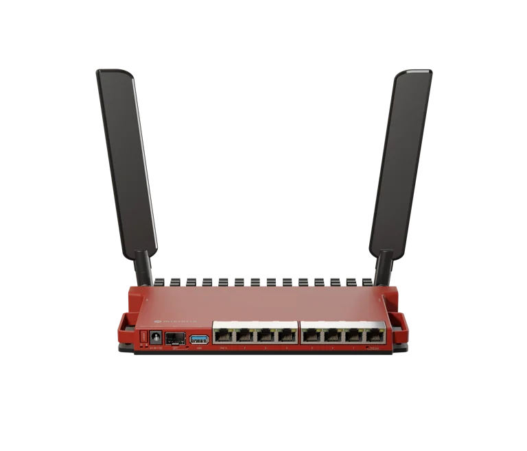 MikroTik L009UiGS-2HaxD, 8x Gb LAN, 1x 2.5 Gb SFP port, 2.4 GHz 802.11b/g/n/ax dual-chain wireless, 4dBi 2.4GHz external antennas, USB, desktop case, PSU, RouterOS L5