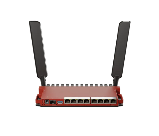 MikroTik L009UiGS-2HaxD, 8x Gb LAN, 1x 2.5 Gb SFP port, 2.4 GHz 802.11b/g/n/ax dual-chain wireless, 4dBi 2.4GHz external antennas, USB, desktop case, PSU, RouterOS L5