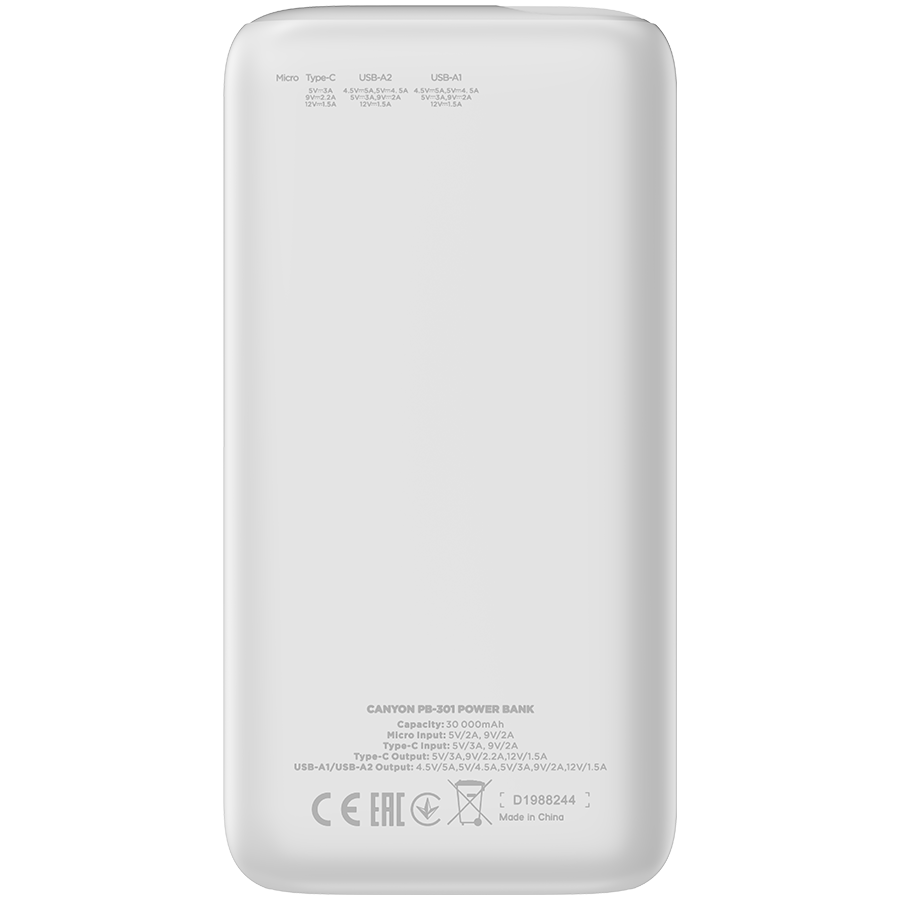 CANYON power bank PB-301 LED 30000 mAh PD 20W QC 3.0 White