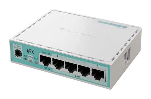 MikroTik hEX (2024 version) with Dual Core 950MHz CPU, 512MB RAM, 5 x Gigabit LAN ports, USB, RouterOS v7 L4, plastic case, PSU
