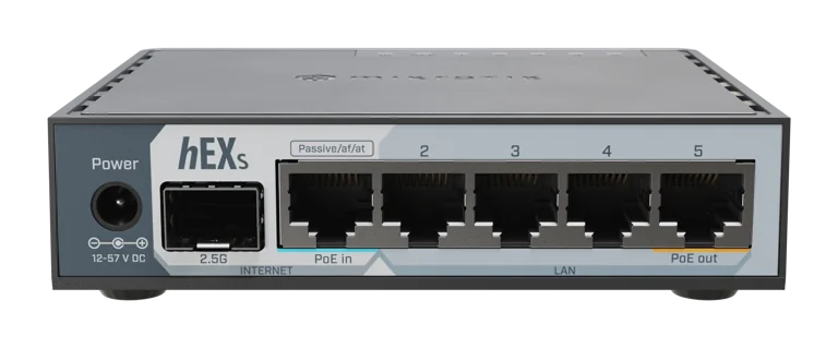 Mikrotik hEX S (2025 version) with Dual Core 950MHz CPU, 512MB RAM, 2.5G SFP cage, 5 x Gigabit Eth ports, USB, RouterOS v7 L4, plastic case, PSU