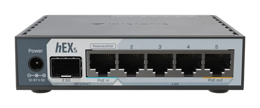 Mikrotik hEX S (2025 version) with Dual Core 950MHz CPU, 512MB RAM, 2.5G SFP cage, 5 x Gigabit Eth ports, USB, RouterOS v7 L4, plastic case, PSU
