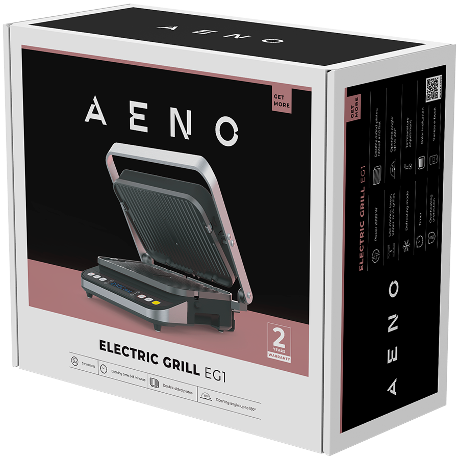 AENO EG1 Electric Grill, 2000W, 3 Modes, Timer, 320×220 mm, Black