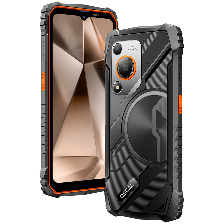 OSCAL Rugged smarthone Marine 1 LTE 6.56-inch HD 720x1612 90Hz Octa-core T615 up to 1.8 GHz RAM 4GB ROM 128GB Cam Rear 16MP Front 8MP 4G LTE WiFi BT Battery 5100mAh GPS+GLONASS+Beidou+Galileo & IP68/IP69K/MIL-STD-810H Android 15 Orange