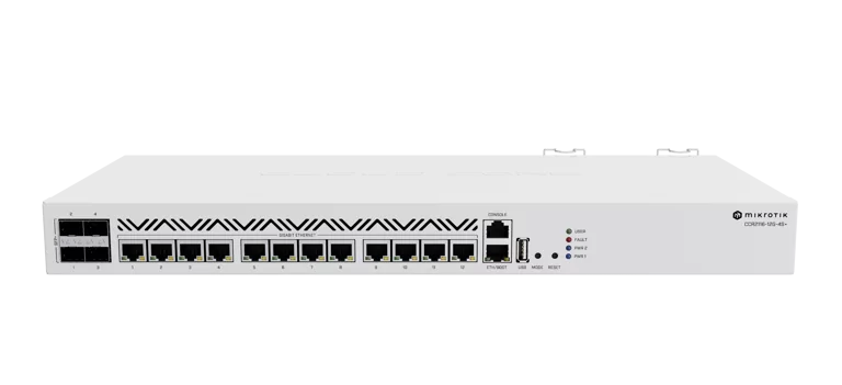 MikroTik Cloud Core Router CCR2116-12G-4S+, 4x SFP+ cage, 13x Gb LAN, M.2 PCIe slot, RouterOS L6, 1U rackmount case, Dual PSU