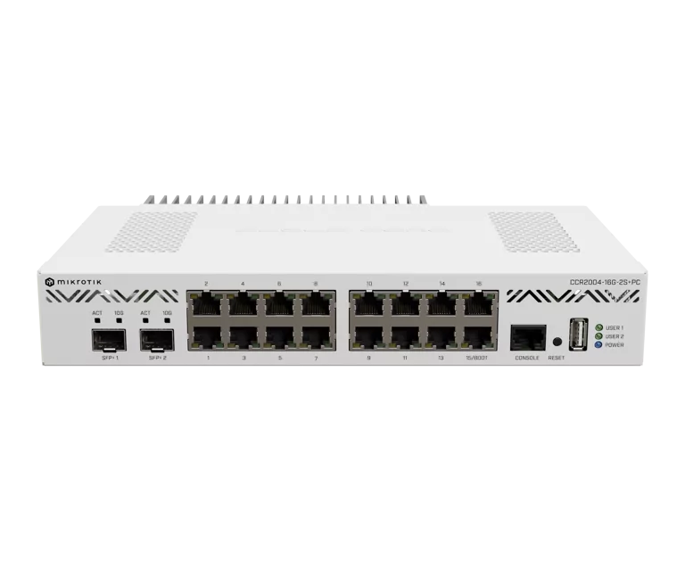 MikroTik Cloud Core Router CCR2004-16G-2S+, 16 x Gb LAN, 2x SFP+ ports, passive cooling desktop enclosure, PSU, rackmount ears, RouterOS L6