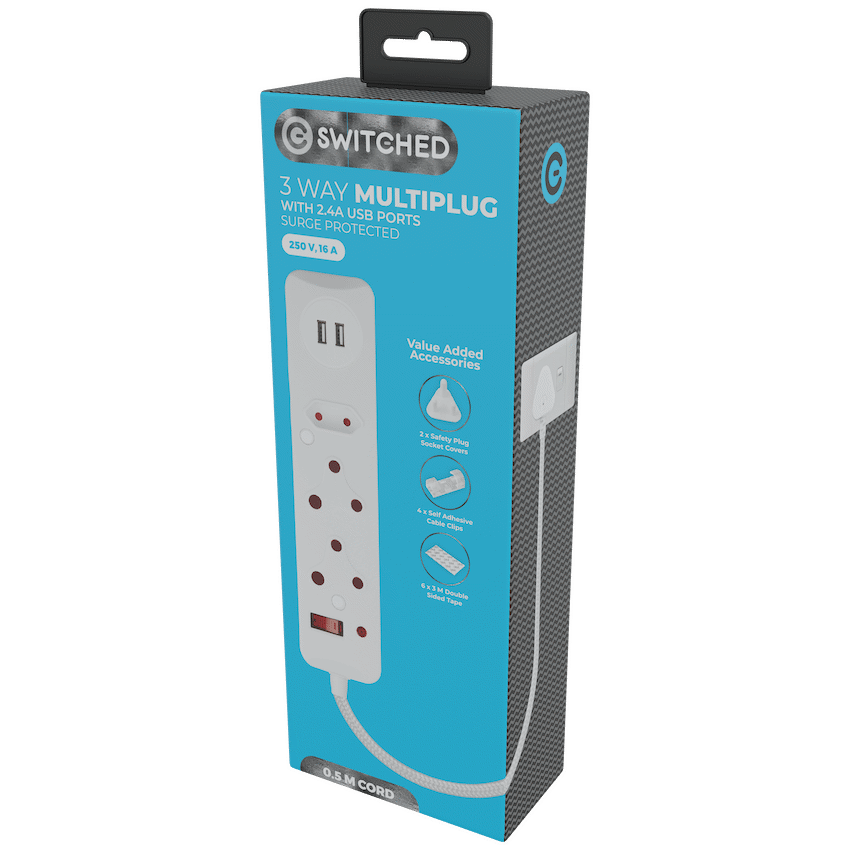 SWITCHED 3 Way Medium Surge Protected Multiplug with Dual 2.4A USB Ports 0.5M Braided Cord White