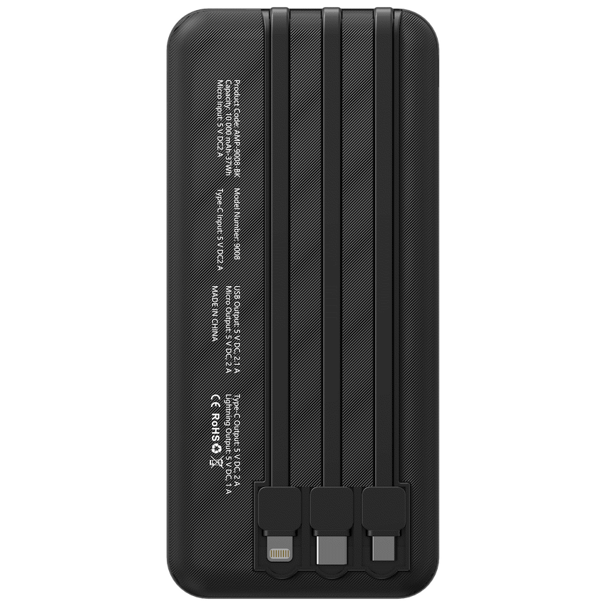 Amplify 10000mAh Power Bank with Integrated Cables - Black - Guards On Duty Shop & Security Guards