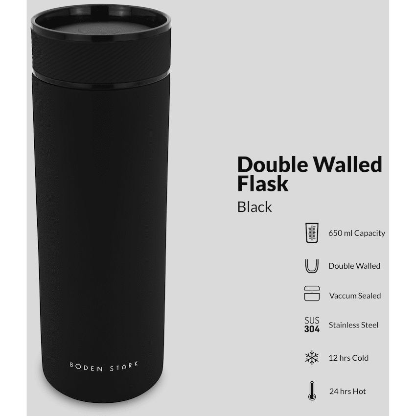 Boden Stark 650ml Travel Flask - Black - Guards On Duty Shop & Security Guards