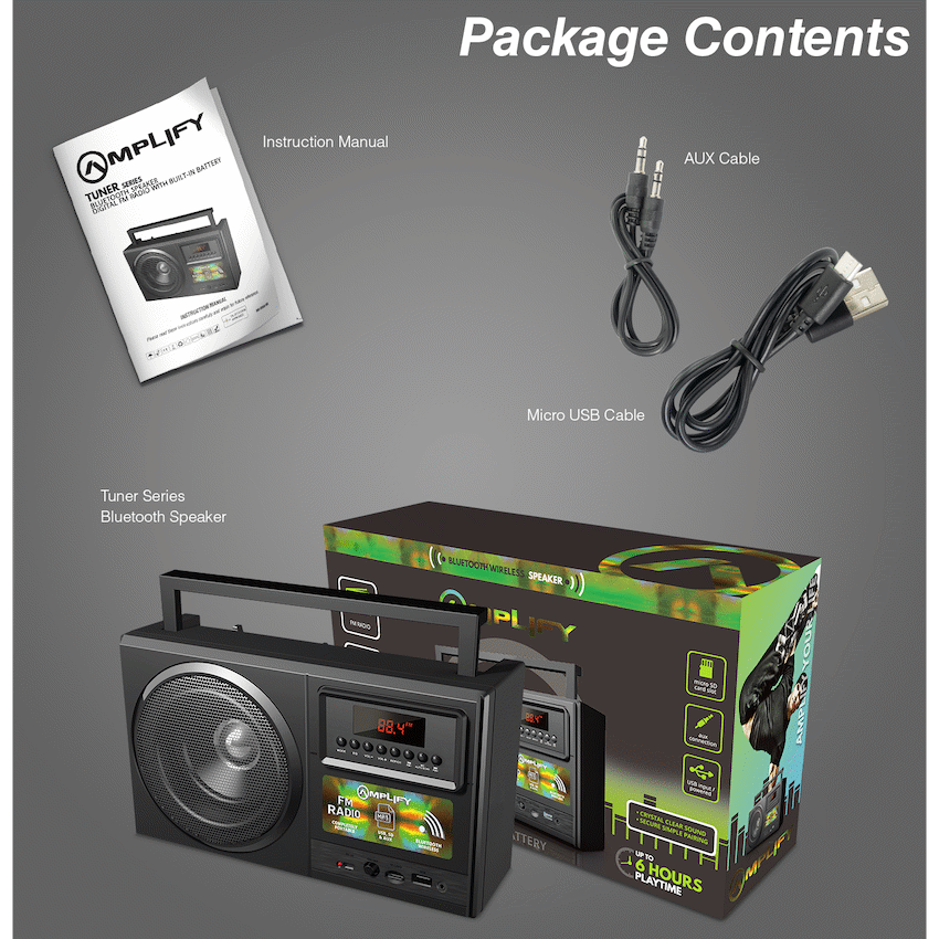 Amplify Tuner Series Bluetooth Radio - Black - Guards On Duty Shop & Security Guards