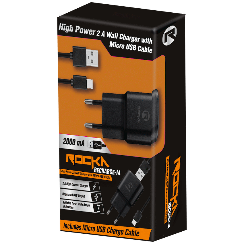 Rocka Recharge-M series 2A Wall Charger with Micro USB cable - black