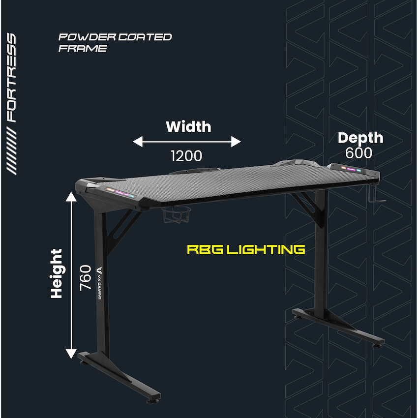 Fortress Gaming Desk with RGB Lights, Cup Holder