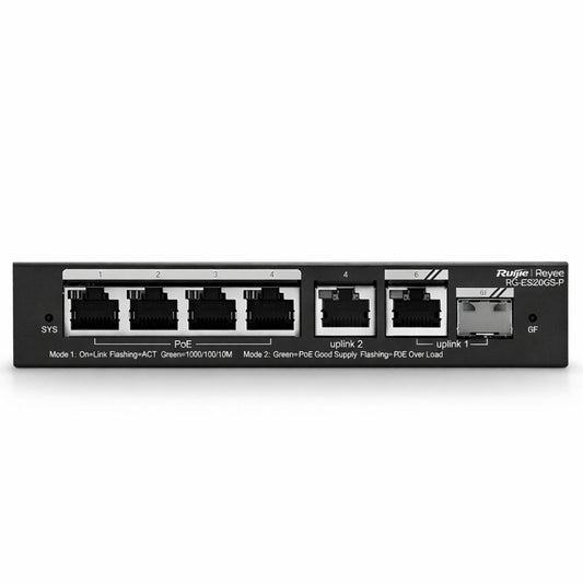 Reyee 4 Port 1GE PoE Cloud Managed Switch with 1 x RJ45 1GE Uplinks and 1 x RJ45/SFP 1GE Uplinks