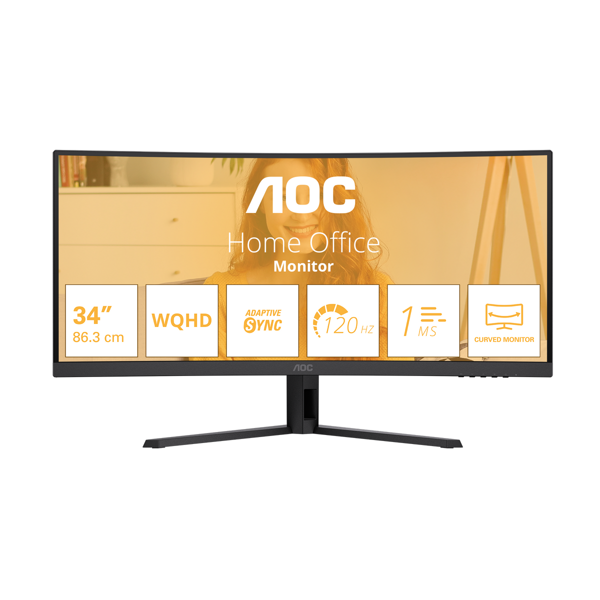AOC-CU34B3E B3 Monitor|34 Inch Curved|4ms (GtG)|VA LCD|3440*1440 120Hz|300nits|HDR10|HDMI+DP|Internal PSU|3YR.
