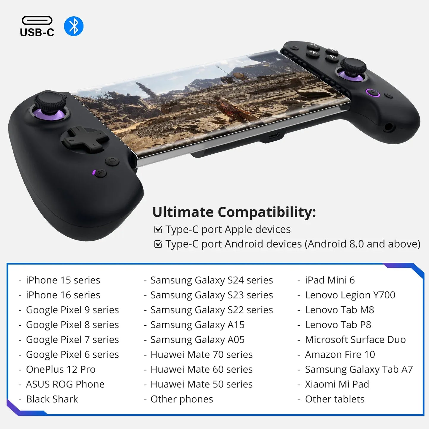 Abxylute S9 Mobile controller - USB-C + Bluetooth: Supports a wide range of phone/tablet devices compatibility;