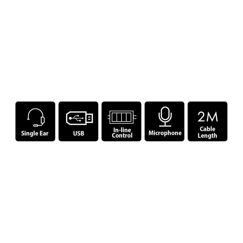 GENIUS HEADSET HS-100U, Single ear USB headset with microphone, Lightweight and comfortable, Adjustable headband and microphone, In-line control for volume, 2 meters cable length - NEW