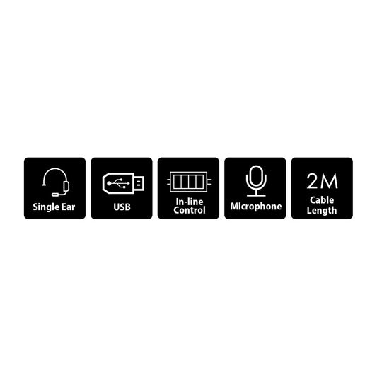 GENIUS HEADSET HS-100U, Single ear USB headset with microphone, Lightweight and comfortable, Adjustable headband and microphone, In-line control for volume, 2 meters cable length - NEW