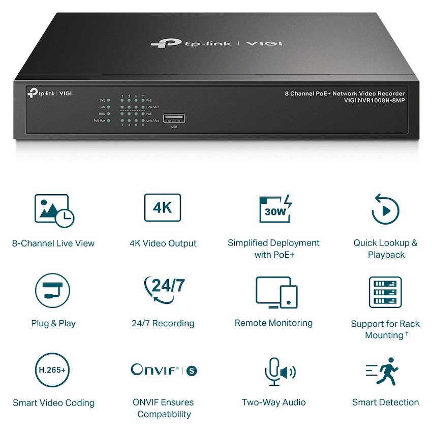 VIGI TP-Link Vigi NVR1008H-8MP 8 Channel PoE Network Video Recorder