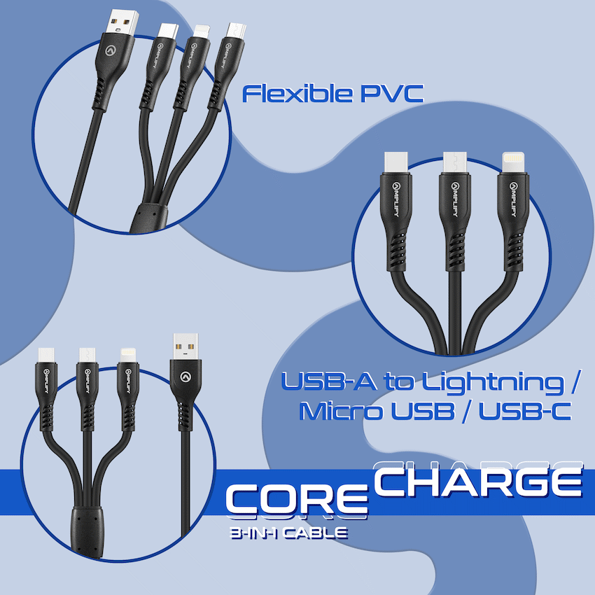Amplify CoreCharge Series 1.2m 3-in-1 Cable - Black - Guards On Duty Shop & Security Guards
