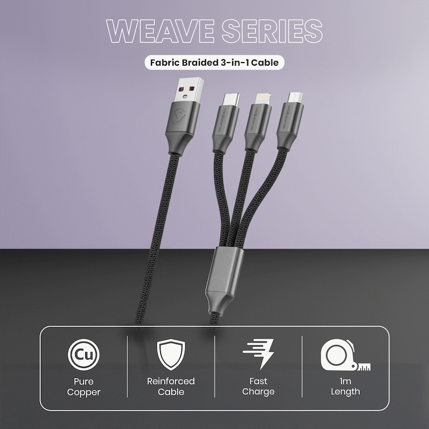 Volkano Weave Series Fabric Braided 3-in-1 (Type-C/Lightning/Micro) Cable 1m - Black