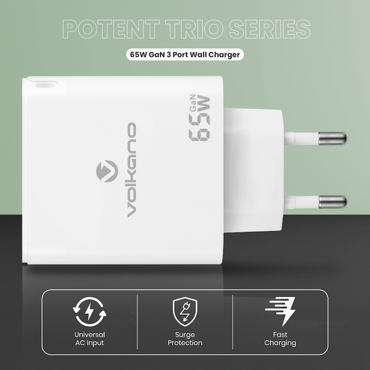 Volkano Potent Trio 65w GaN 3 Port Wall Charger