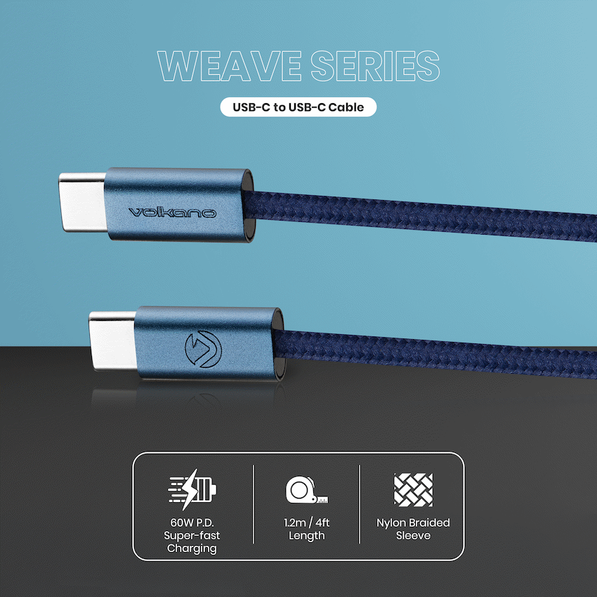Volkano Weave Series 60w USB C to USB C 1.2m-Blue