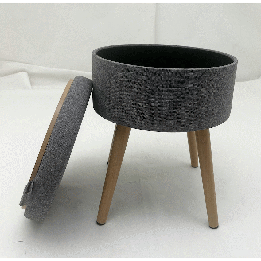 Sophie Round Storage  Stool with wooden legs - Grey