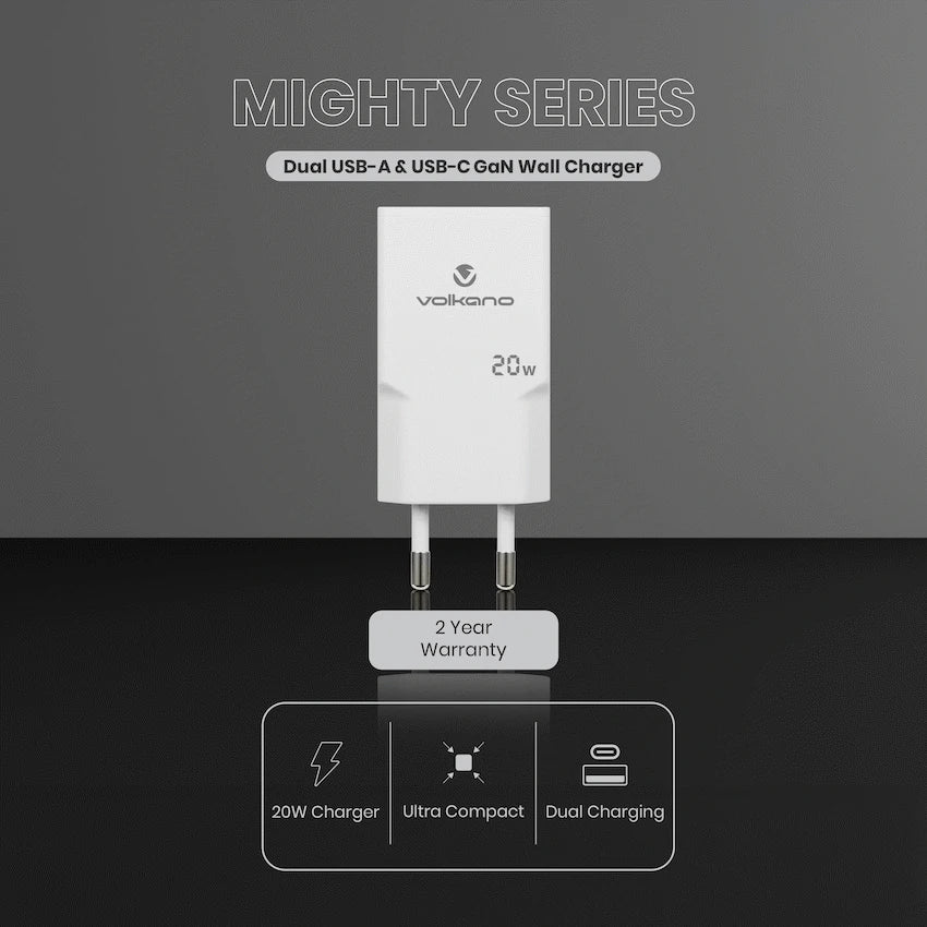 Volkano Mighty Series 20w Dual USB-A & USB-C GaN Wall Charger