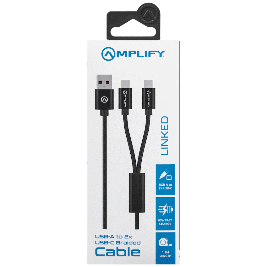 Amplify Linked Series USB to 2 x USB-C Braided Cable 60W 1.2m - Black - Guards On Duty Shop & Security Guards