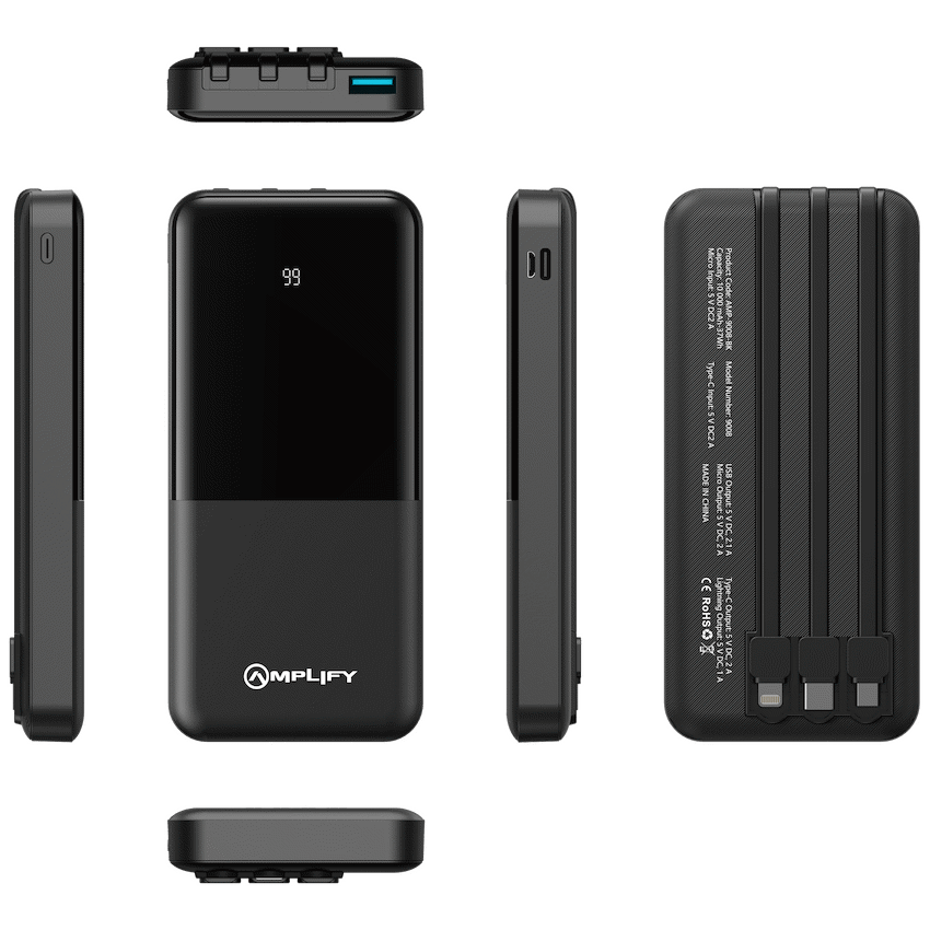 Amplify 10000mAh Power Bank with Integrated Cables - Black - Guards On Duty Shop & Security Guards