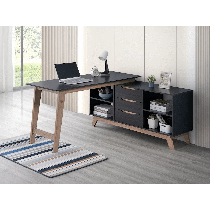 Everfurn Premium Lunar Office Desk - Black, L-Shaped, with Storage (Box 2 of 2)
