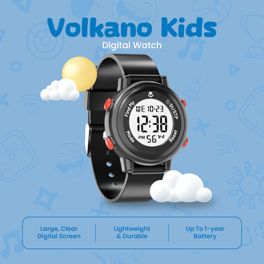 Volkano Kids Digital Watch with Apple Find My - 3ATM Waterproof (Anti-Lost) - Black