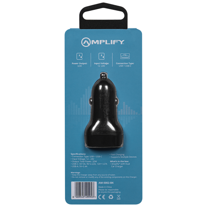 Amplify Volto Series Dual Car Charger 32W (Type-C + USB) - Black - Guards On Duty Shop & Security Guards