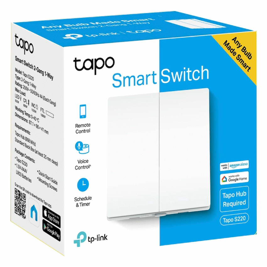 Tapo TP-Link Tapo S220 Smart 868mhz Light Switch 2-Gang 1-Way, No Neutral Required