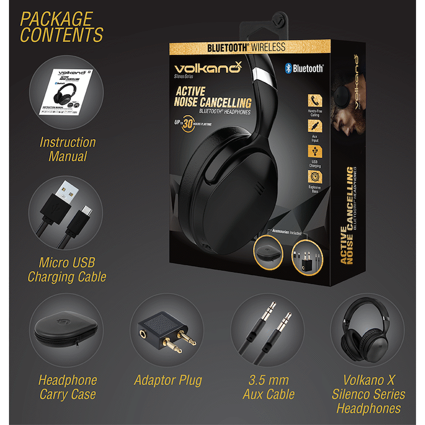 VolkanoX Silenco Series Active Noise-Cancelling Bluetooth Headphones - Black