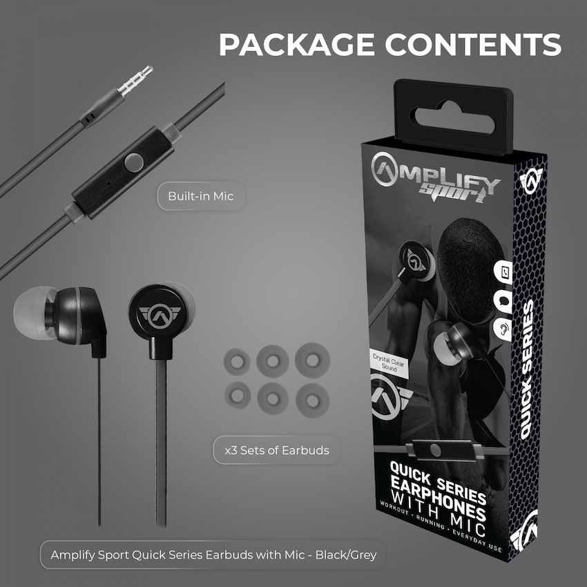 Amplify Sport Quick Series Earbuds with Mic - Black/Grey - Guards On Duty Shop & Security Guards
